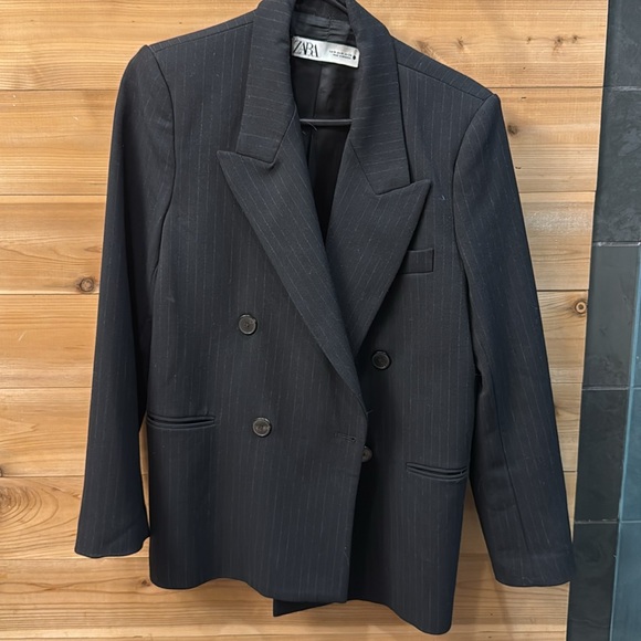 Zara Navy Pinstripe Double-Breasted Blazer - Picture 5 of 5